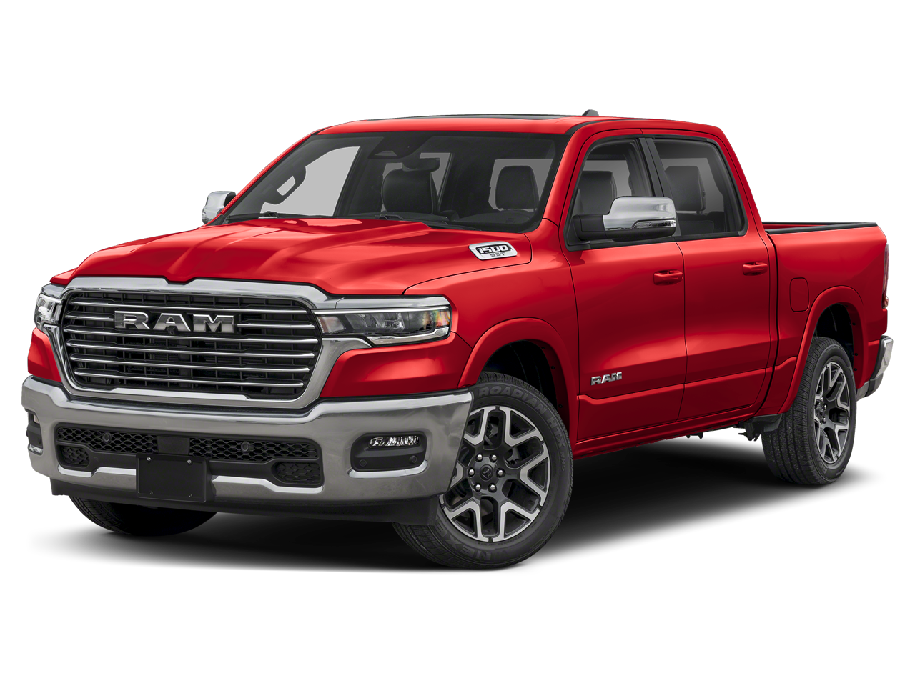 2026 RAM Ram 1500 RAM 1500 LARAMIE CREW CAB 4X4 5'7' BOX in Molten Red Pearl-Coat Exterior Paint — front three-quarter view